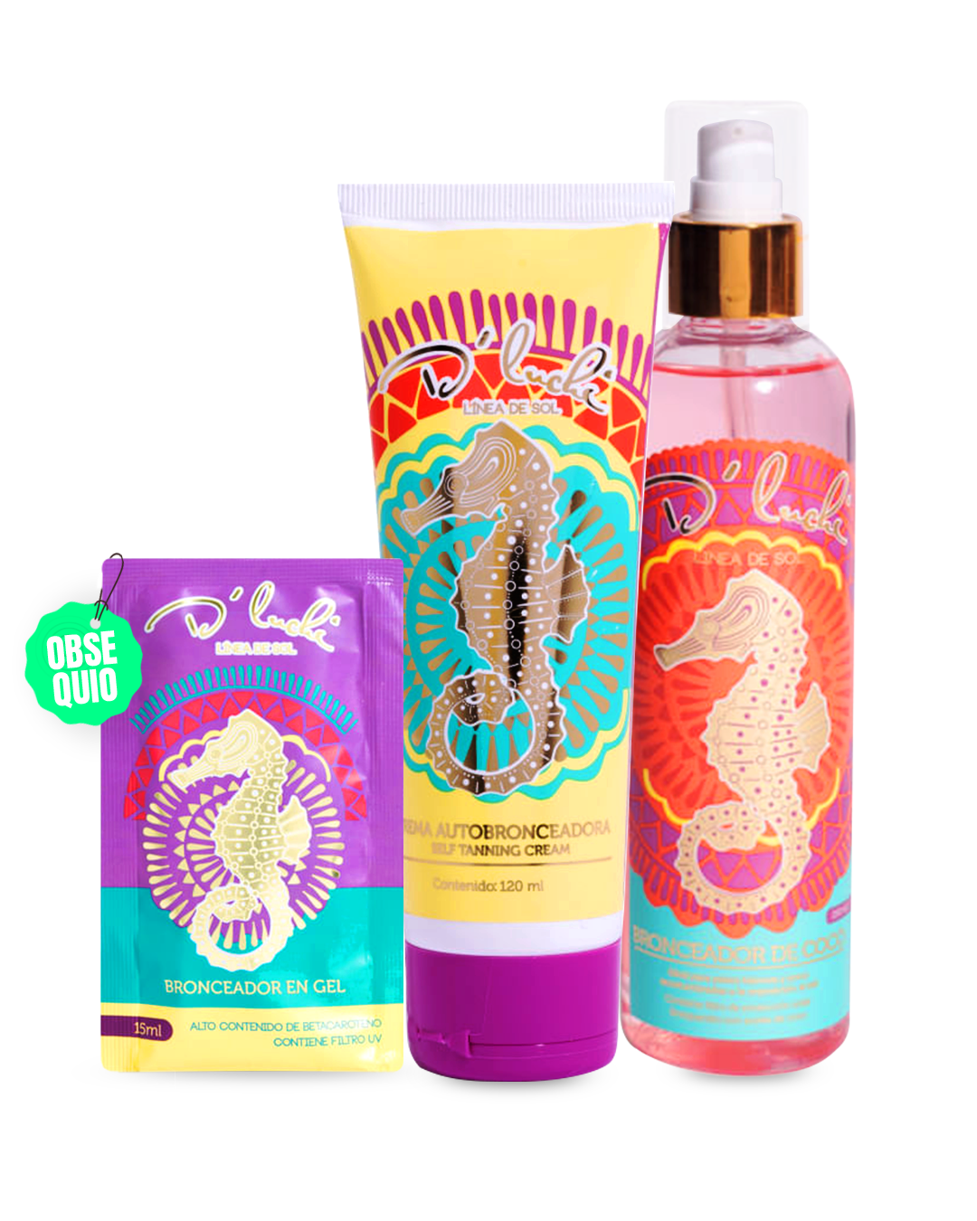 D'Luchi Kit Summer Glow - Crema Autobronceadora + Gel Bronceador en Sachet y Bronceador de Coco - Hidratación y Efecto Natural