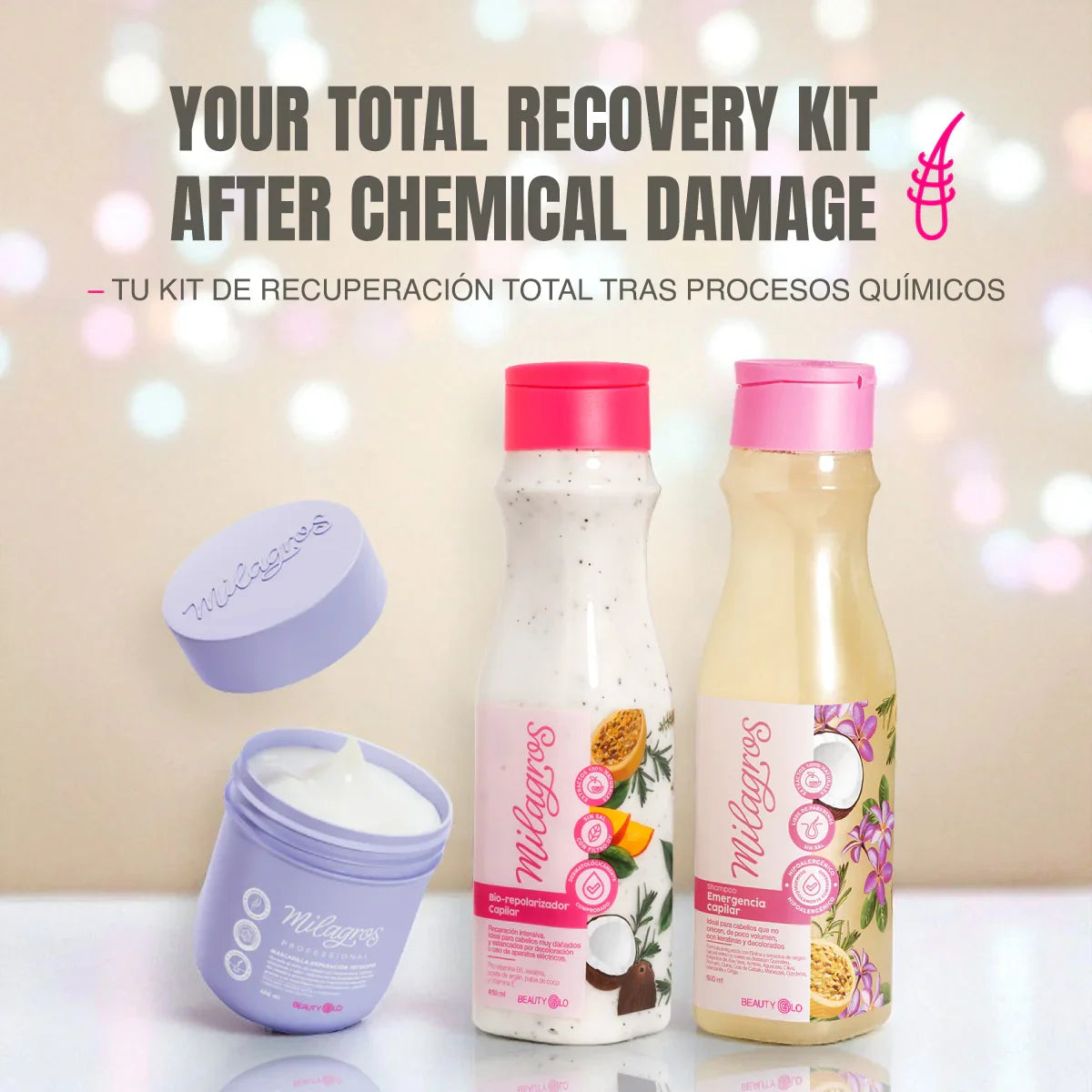 Kit Post Química Total Repair con Shampoo, Biorepolarizador, Mascarilla Capilar Tratamiento y Ampolleta Azul – Reparación e Hidratación Profunda