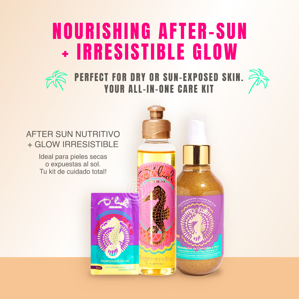 D'Luchi Kit Sun & Shine con Aceite de Almendras, Sachet Bronceador en Gel y Bronceador Chocolate y Miel – Hidratación y Bronceado Natural