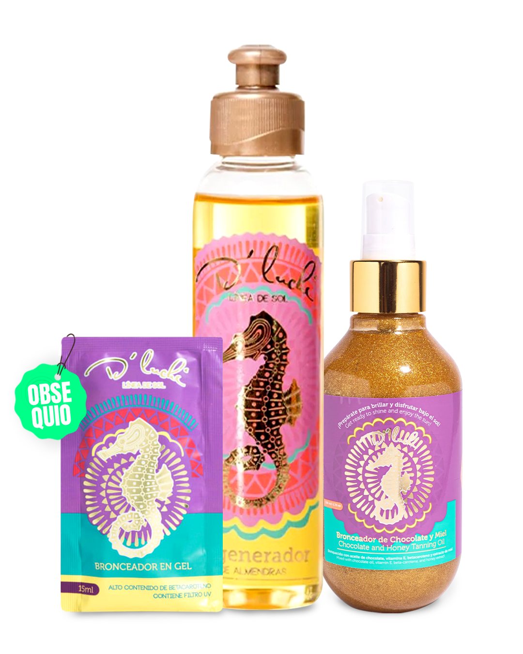 D'Luchi Kit Sun & Shine con Aceite de Almendras, Sachet Bronceador en Gel y Bronceador Chocolate y Miel – Hidratación y Bronceado Natural