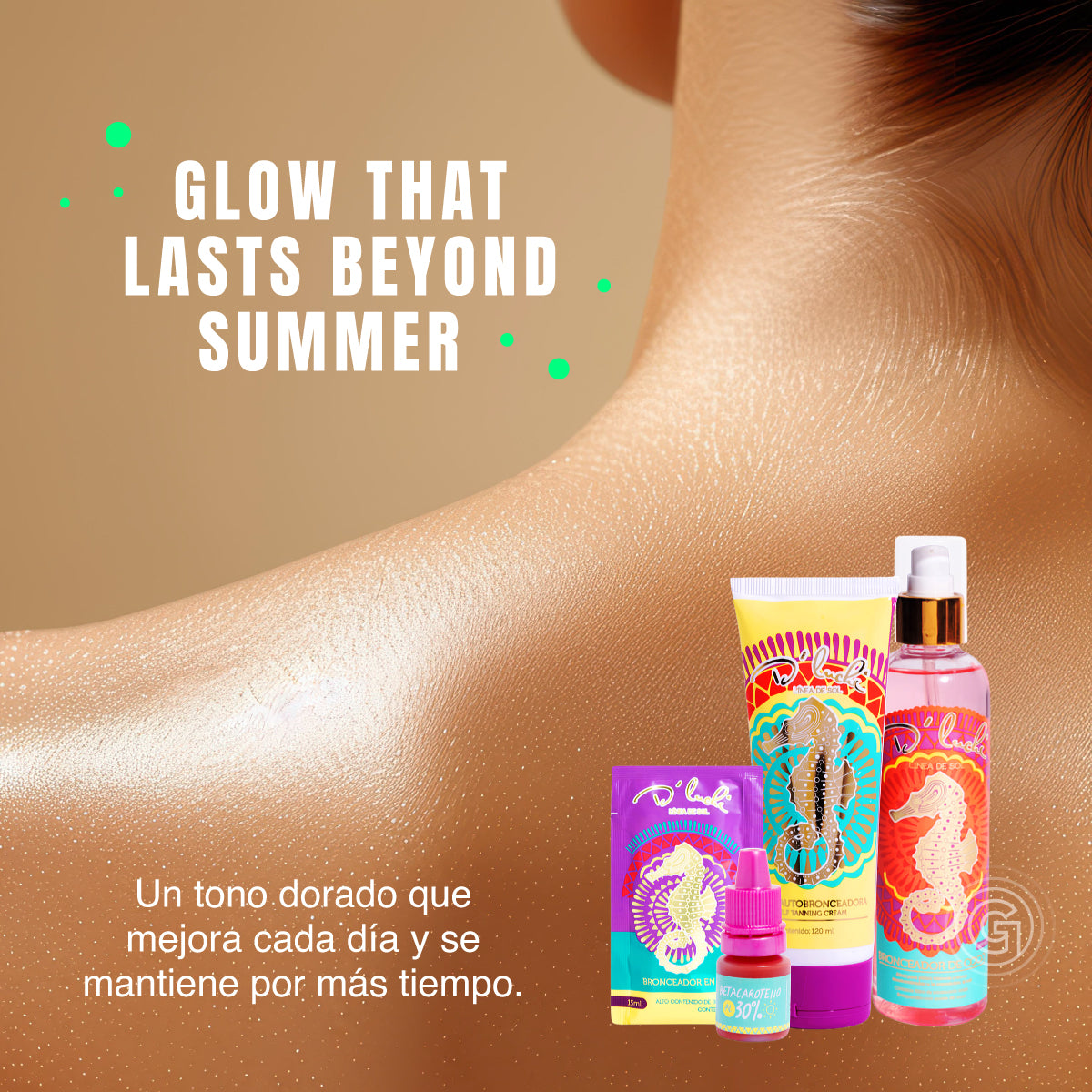 D'Luchi Kit Summer Glow - Crema Autobronceadora + Gel Bronceador en Sachet y Bronceador de Coco - Hidratación y Efecto Natural