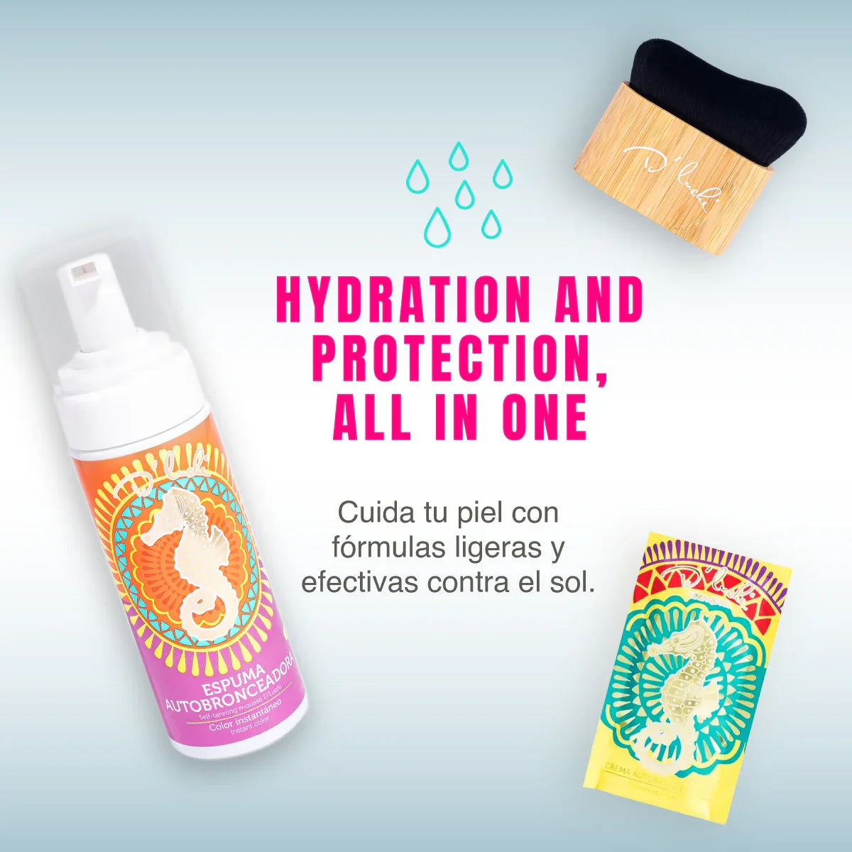 D'Luchi Kit Bronze Babe Espuma Autobronceadora + Crema Autobronceadora en Sachet + Cepillo Aplicador - Bronceado Natural