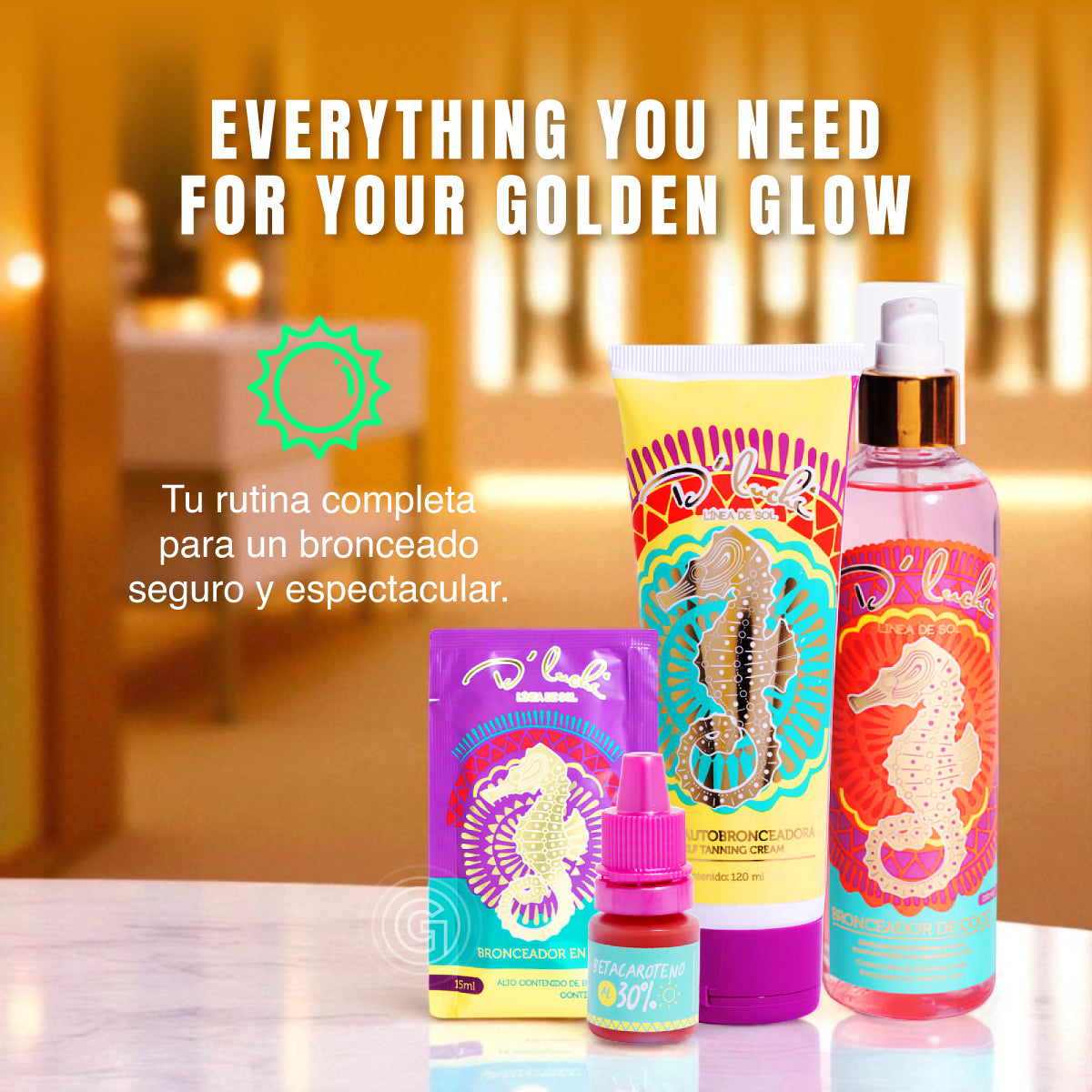 D'Luchi Kit Summer Glow - Crema Autobronceadora + Gel Bronceador en Sachet y Bronceador de Coco - Hidratación y Efecto Natural