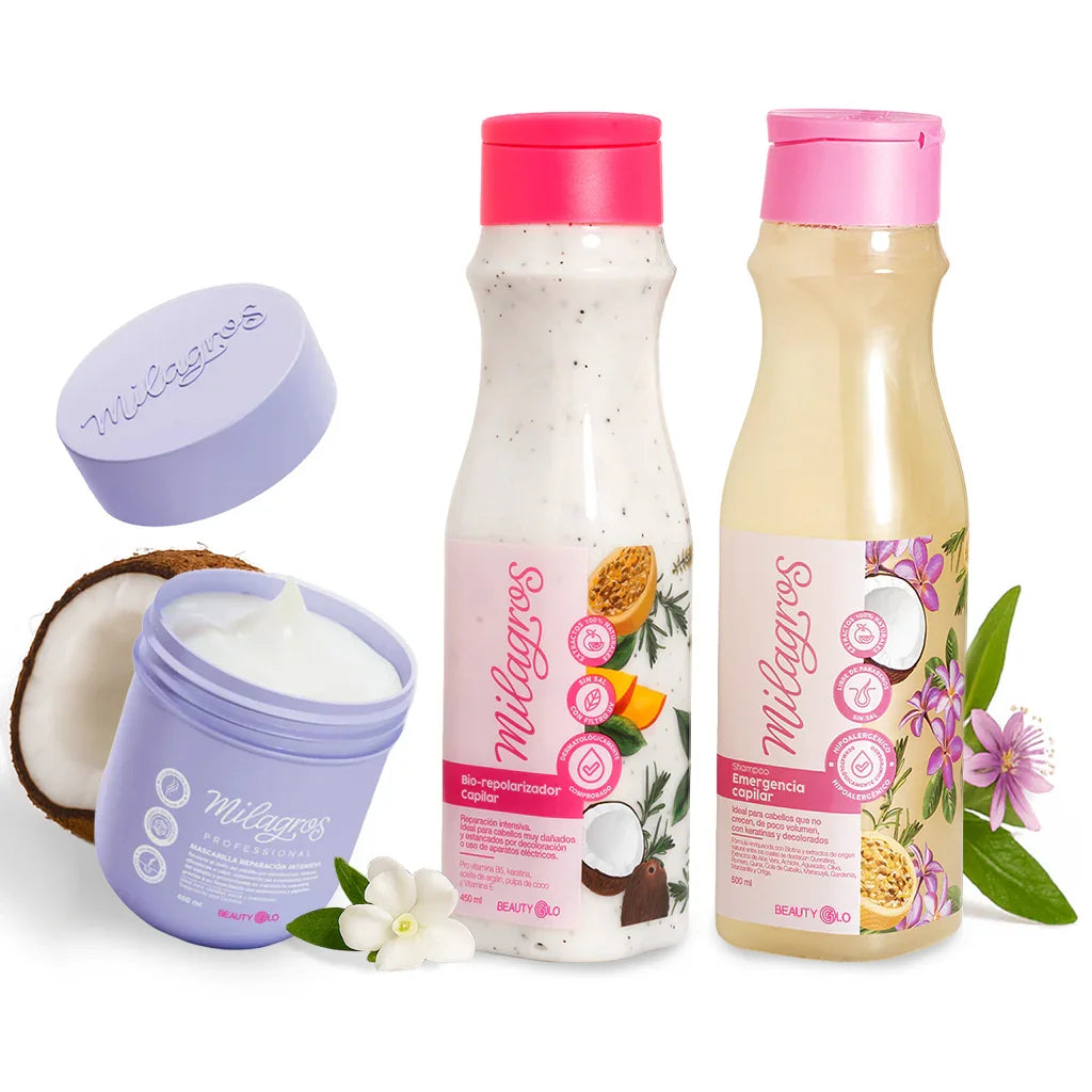 Kit Post Química Total Repair con Shampoo, Biorepolarizador, Mascarilla Capilar Tratamiento y Ampolleta Azul – Reparación e Hidratación Profunda
