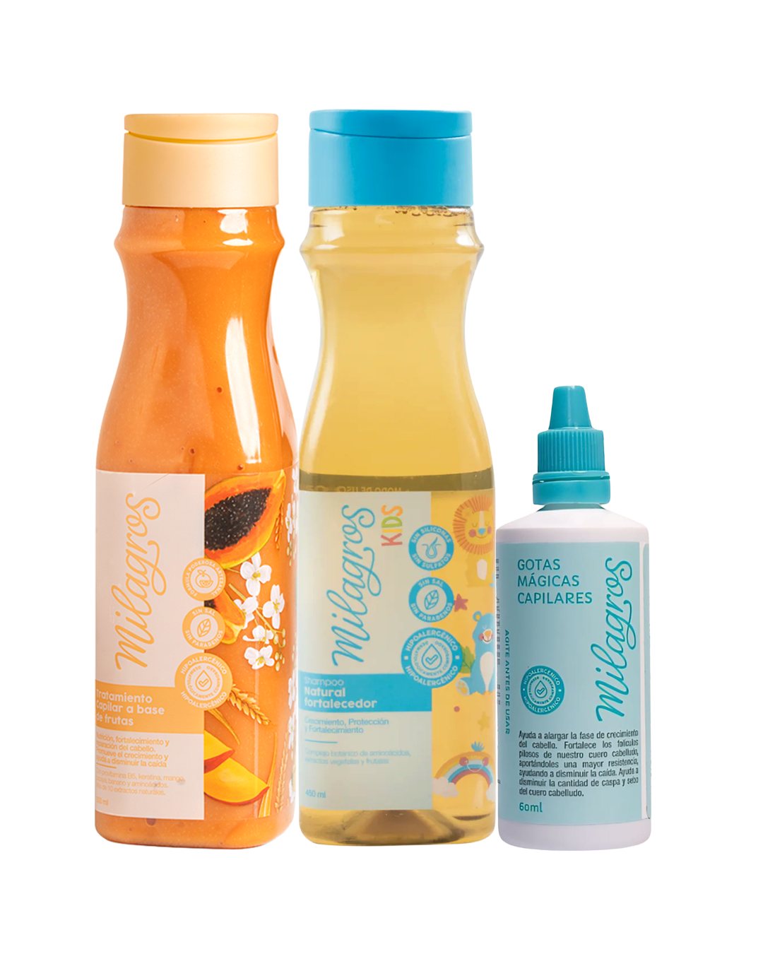 Kit Crecimiento y protección infantil - Milagros Shampoo Fortalecedor Natural Kids + Tratamiento Frutas + Gotas Capilares