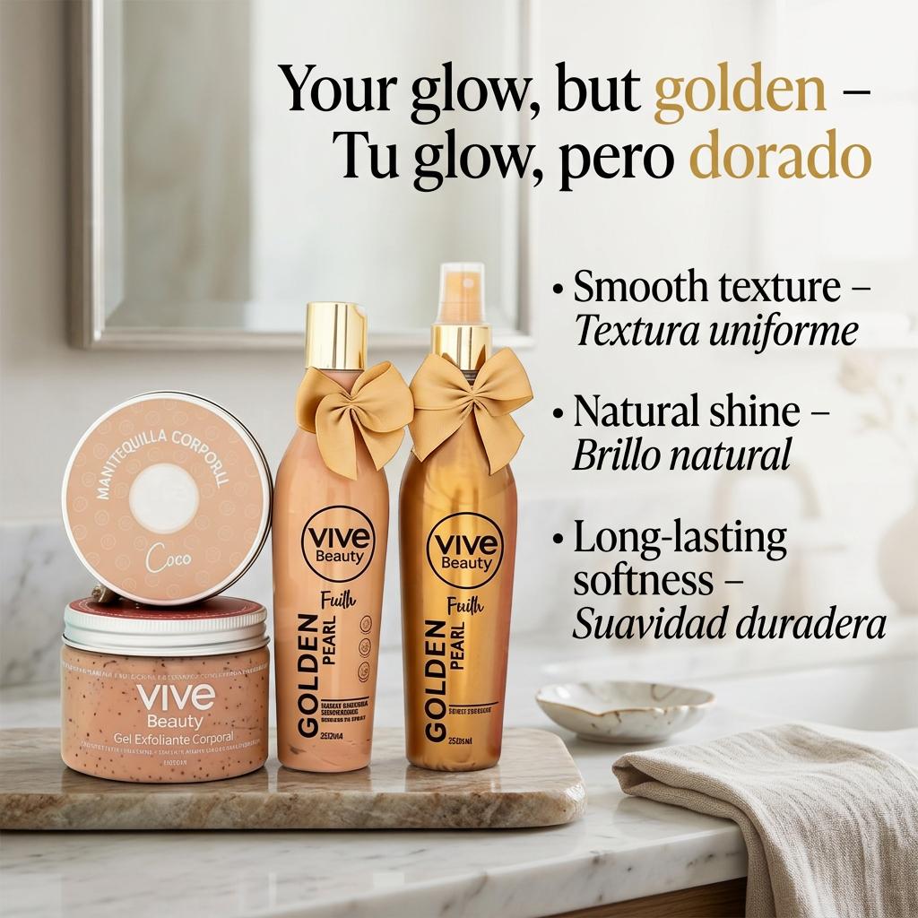 Vive Beauty Golden Skin Body Kit – 5 Piece Hydration & Glow Body Care Set with Chocolate Scrub, Body Butter, Coconut Oil, Golden Cream & Body Splash