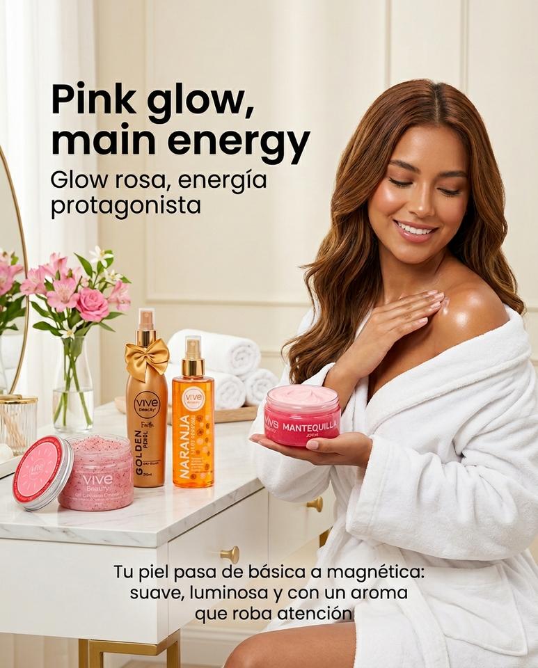 Vive Beauty Pink Care Body Kit ā 5 Piece Fruity Body Care Set with Strawberry Scrub, Body Butter, Orange Oil, Berry Shimmer & Golden Body Mist
