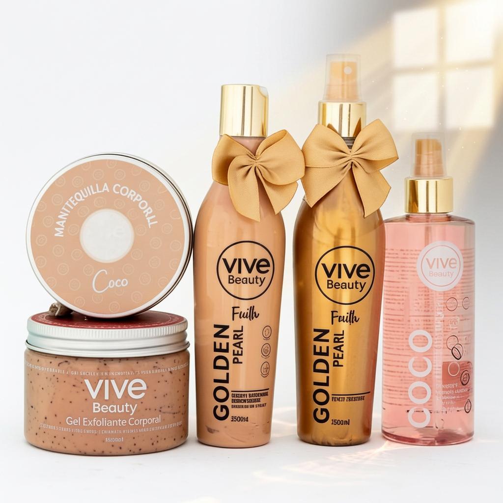 Vive Beauty Golden Skin Body Kit – 5 Piece Hydration & Glow Body Care Set with Chocolate Scrub, Body Butter, Coconut Oil, Golden Cream & Body Splash