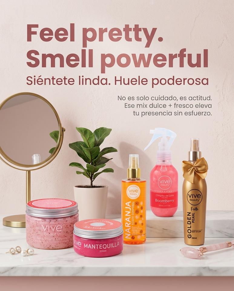 Vive Beauty Pink Care Body Kit – 5 Piece Fruity Body Care Set with Strawberry Scrub, Body Butter, Orange Oil, Berry Shimmer & Golden Body Mist