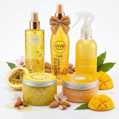 Vive Beauty Tropical Body Care Kit – Passion Fruit Scrub, Mango Butter, Almond Oil, Shimmer Splash & Golden Secret Mist Set