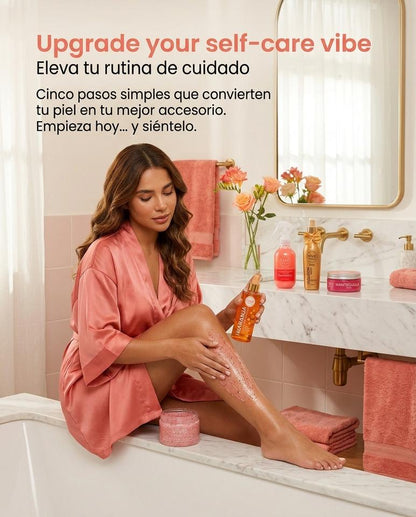 Vive Beauty Pink Care Body Kit – 5 Piece Fruity Body Care Set with Strawberry Scrub, Body Butter, Orange Oil, Berry Shimmer & Golden Body Mist