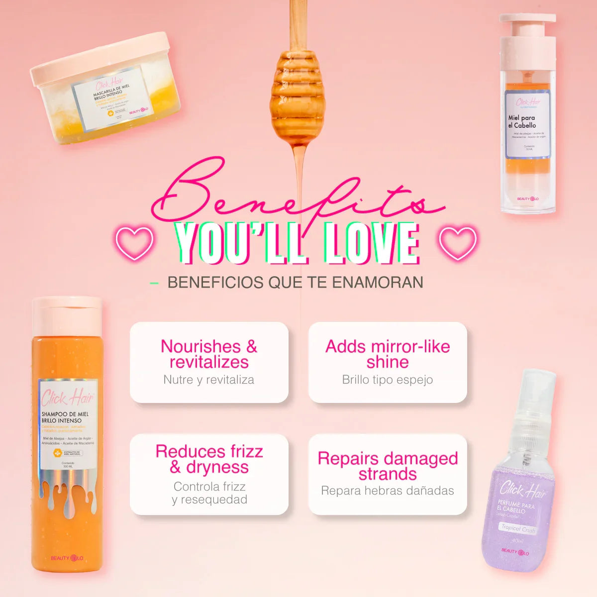 Click Hair Kit Miel de Vida: Shampoo de Miel de Abeja + Mascarilla + Miel Capilar + Mini Perfume de Regalo