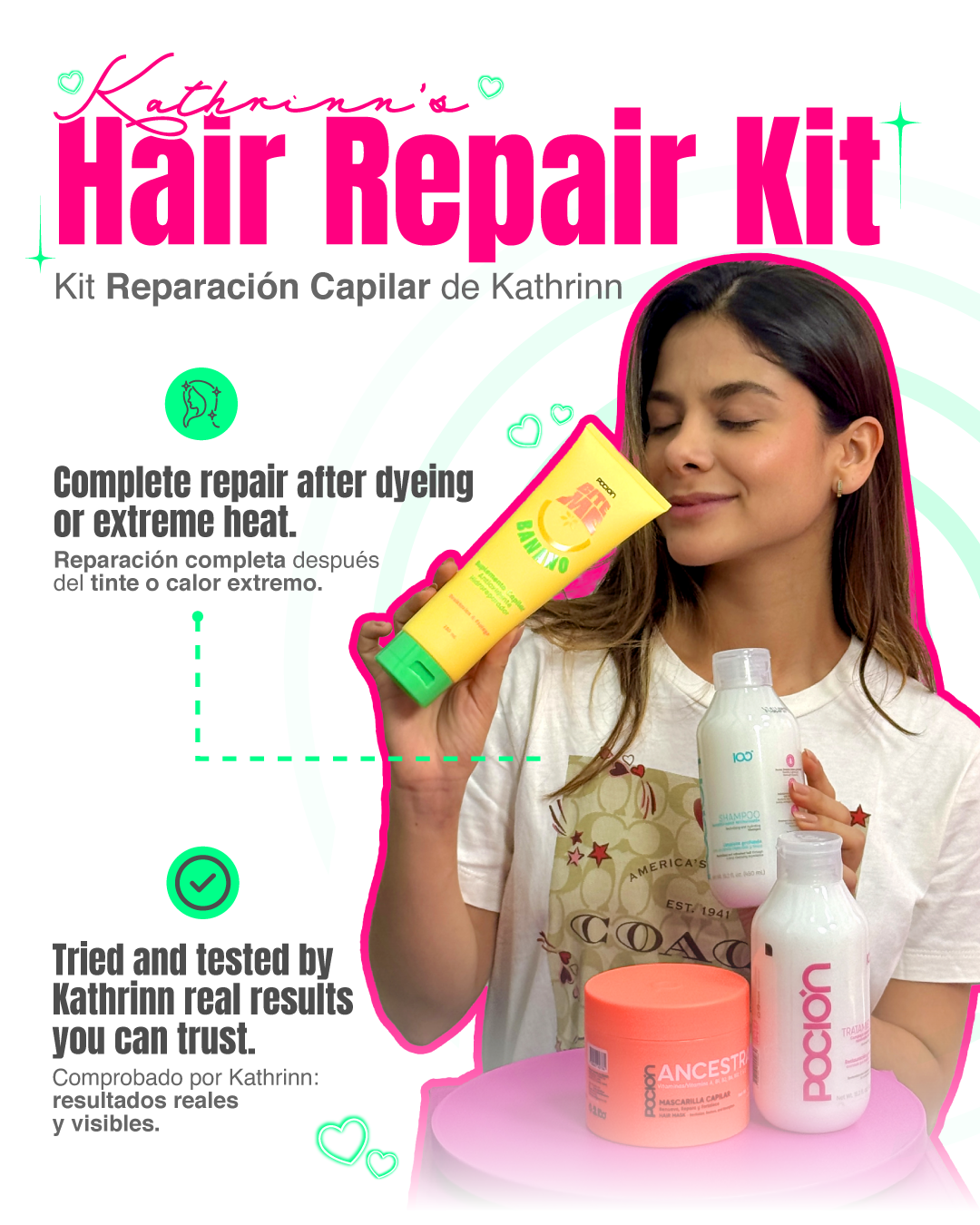 Katherine - Kit de Reparación Capilar Shampoo, Acondicionador, Mascarilla y Tratamiento – Hidratación y brillo para todo tipo de cabello.