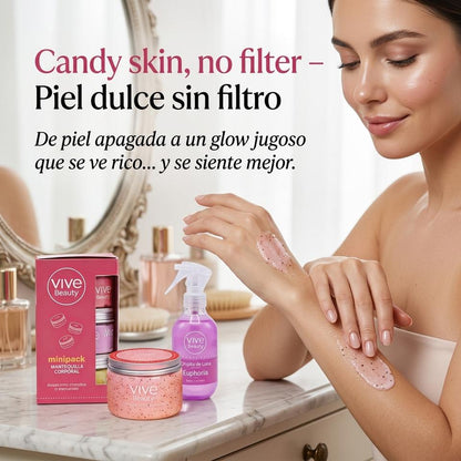 Vive Beauty Sweet Glow Starter Kit – Strawberry Body Scrub, Euphoria Shimmer Splash & 3 Mini Body Butter Sampler Set