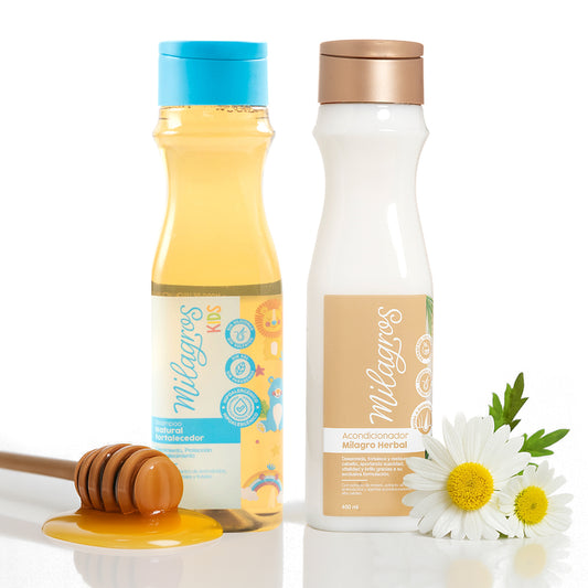Milagros Kit Crecimiento y Protección Infantil - Shampoo Fortalecedor Natural Kids + Tratamiento Frutas + Gotas Capilares