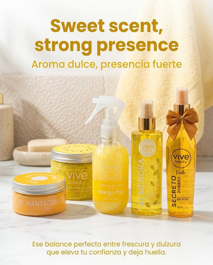 Vive Beauty Tropical Body Care Kit – Passion Fruit Scrub, Mango Butter, Almond Oil, Shimmer Splash & Golden Secret Mist Set