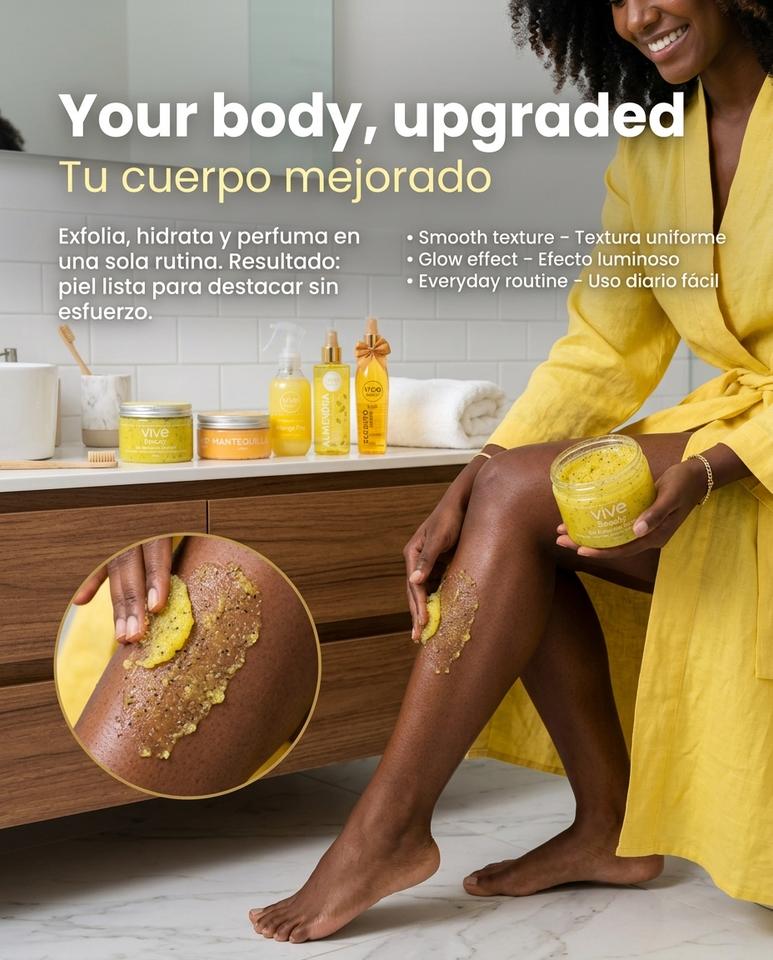 Vive Beauty Tropical Body Care Kit – Passion Fruit Scrub, Mango Butter, Almond Oil, Shimmer Splash & Golden Secret Mist Set
