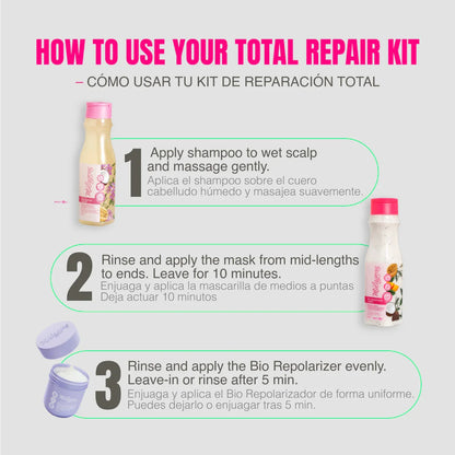 Kit Post Química Total Repair con Shampoo, Biorepolarizador, Mascarilla Capilar Tratamiento y Ampolleta Azul – Reparación e Hidratación Profunda