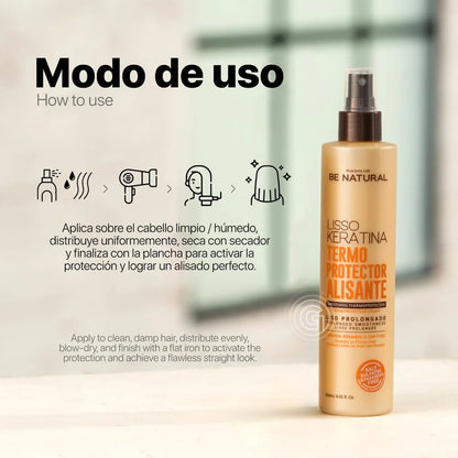Be Natural Liso Keratina Termoprotector Alisante Renueva tu Cabello Naturalmente | Lisso Keratina 250 ML
