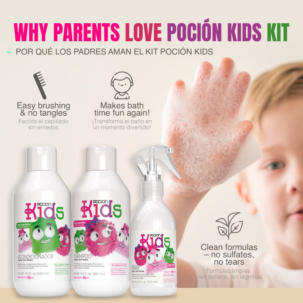 La Poción Kit Sin Enredos - Shampoo y Acondicionador para Niños + Spray Anti-Nudos – Hidratación, suavidad y desenredo sin jalones