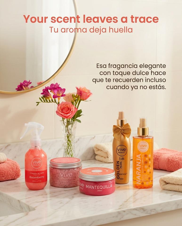 Vive Beauty Pink Care Body Kit – 5 Piece Fruity Body Care Set with Strawberry Scrub, Body Butter, Orange Oil, Berry Shimmer & Golden Body Mist