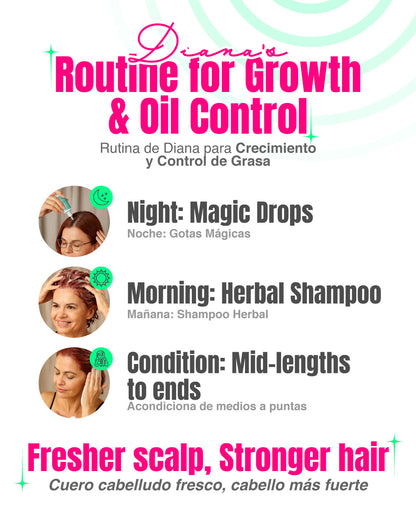 Diana - Kit Control Grasa y Crecimiento - Shampoo Herbal, Acondicionador Herbal y Gotas Mágicas