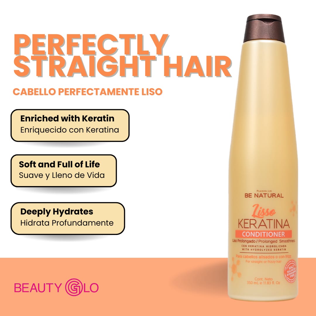 Acondicionador con keratina sin sal para cabello liso, hidratado y libre de frizz.