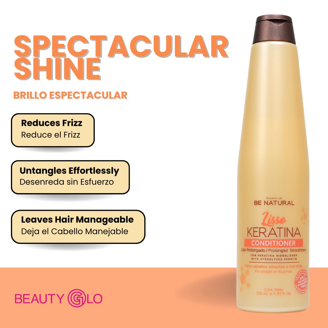 Acondicionador con keratina sin sal para cabello liso, hidratado y libre de frizz.