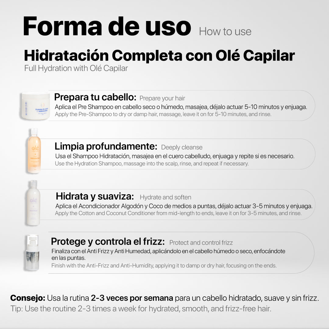 OLE (KIT HIDRATACION OLE CAPILAR) Pre-Shampoo de Arroz , Shampoo Hidratacion Coco, Acondicionador de Coco y Spray Antihumedad