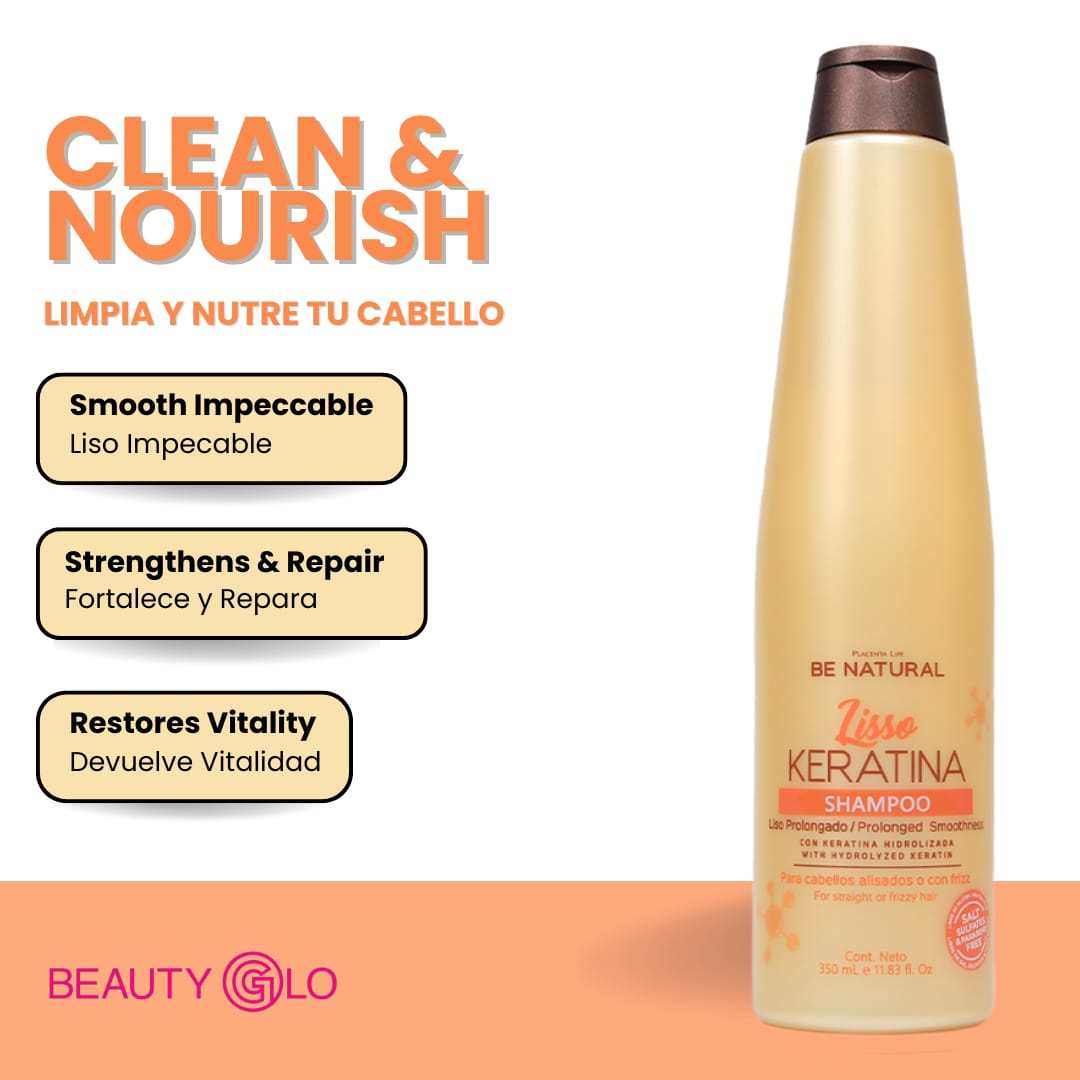 Shampoo sin sal con keratina para prolongar el efecto liso y reducir el frizz.