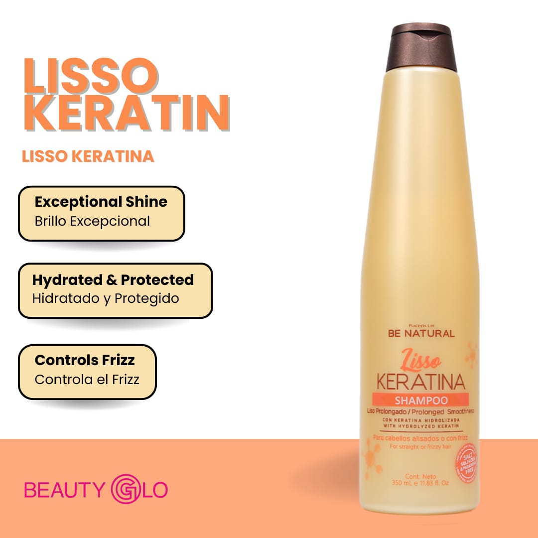 Be Natural Lisso Keratina - Smooth & Shiny Hair - Champú con Queratina Hidrolizada 350 ML