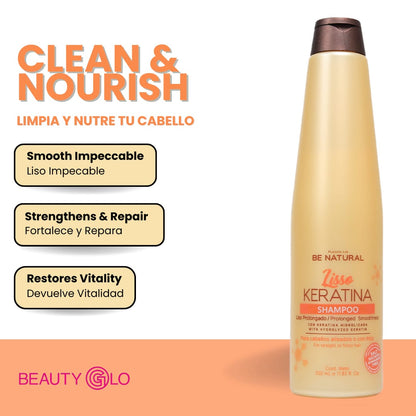 Be Natural Lisso Keratina - Smooth & Shiny Hair - Champú con Queratina Hidrolizada 350 ML