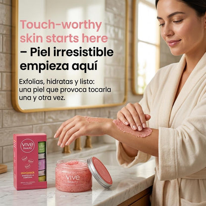 Vive Beauty Sweet Glow Starter Kit – Strawberry Body Scrub, Euphoria Shimmer Splash & 3 Mini Body Butter Sampler Set