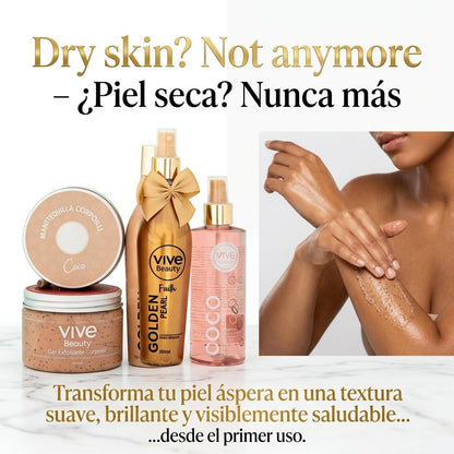 Vive Beauty Golden Skin Body Kit – 5 Piece Hydration & Glow Body Care Set with Chocolate Scrub, Body Butter, Coconut Oil, Golden Cream & Body Splash
