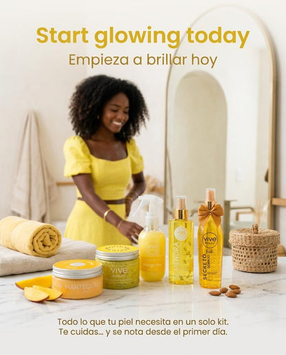 Vive Beauty Tropical Body Care Kit – Passion Fruit Scrub, Mango Butter, Almond Oil, Shimmer Splash & Golden Secret Mist Set