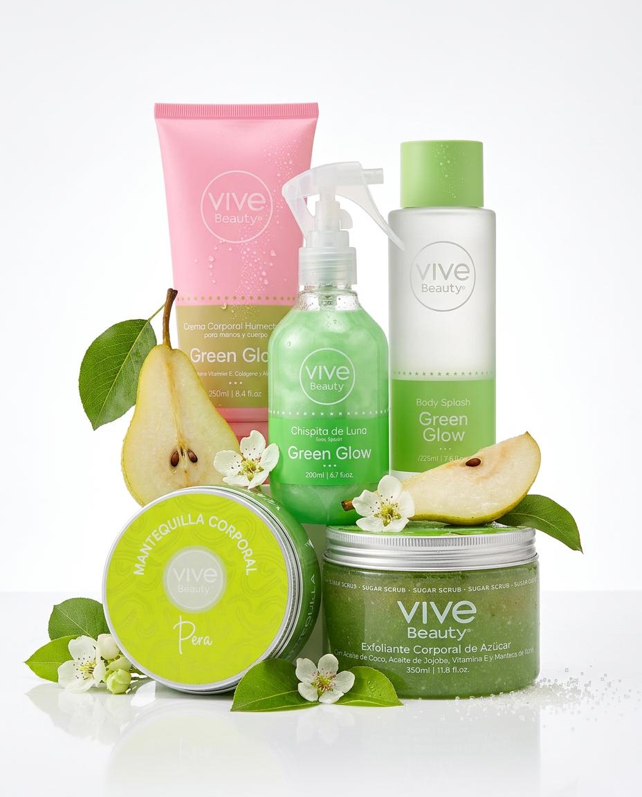Vive Beauty Green Glow & Pear Body Care Collection – Body Lotion, Sugar Scrub, Body Butter, Shimmer Spray & Body Splash Set