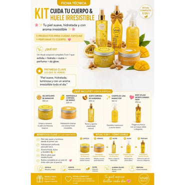 Vive Beauty Tropical Body Care Kit – Passion Fruit Scrub, Mango Butter, Almond Oil, Shimmer Splash & Golden Secret Mist Set