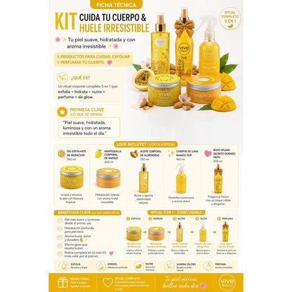 Vive Beauty Tropical Body Care Kit – Passion Fruit Scrub, Mango Butter, Almond Oil, Shimmer Splash & Golden Secret Mist Set