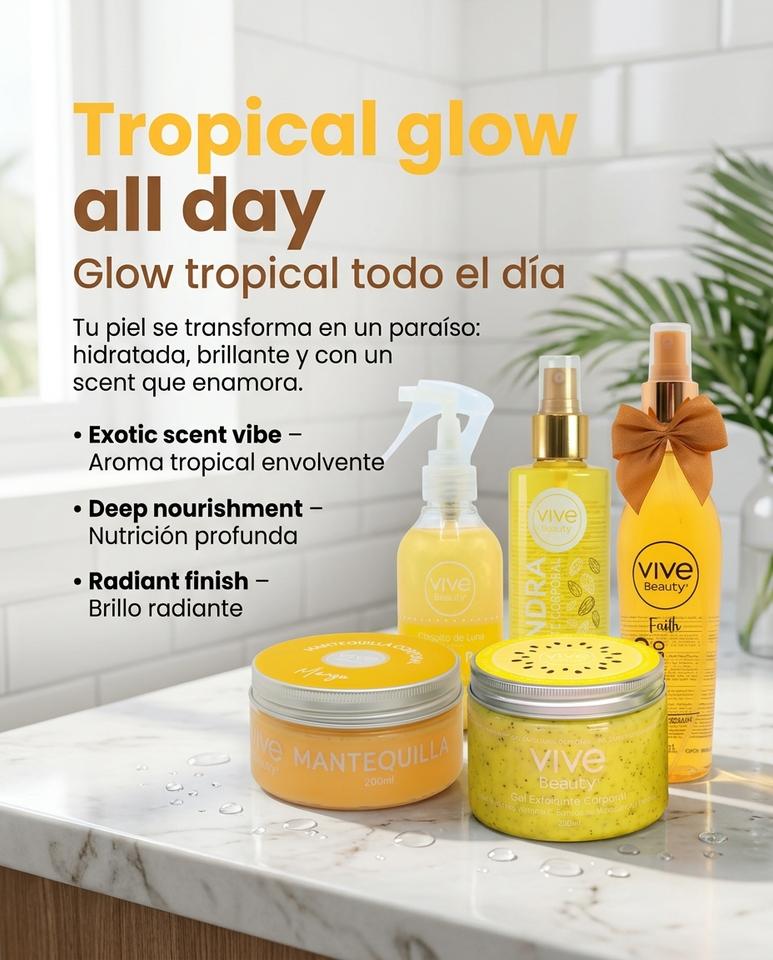 Vive Beauty Tropical Body Care Kit – Passion Fruit Scrub, Mango Butter, Almond Oil, Shimmer Splash & Golden Secret Mist Set