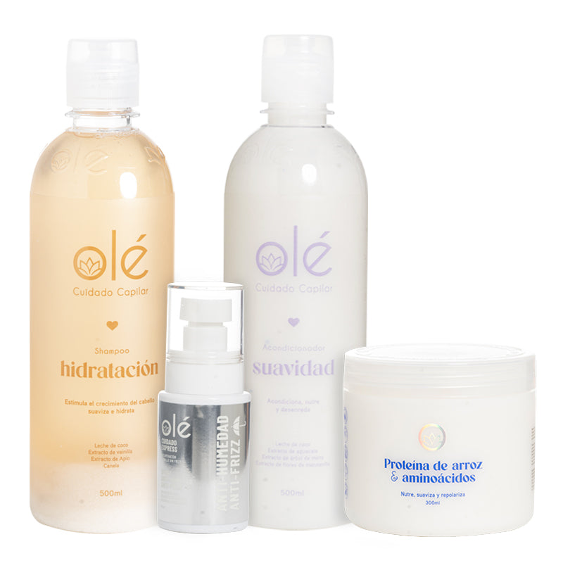 OLE (KIT HIDRATACION OLE CAPILAR) Pre-Shampoo de Arroz , Shampoo Hidratacion Coco, Acondicionador de Coco y Spray Antihumedad