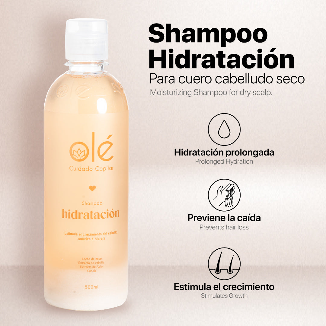 OLE (KIT HIDRATACION OLE CAPILAR) Pre-Shampoo de Arroz , Shampoo Hidratacion Coco, Acondicionador de Coco y Spray Antihumedad